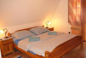 a bedroom with a bed with two blue pillows at Drevenica - Božie domčeky in Liptovská Osada