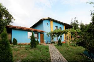 a blue and yellow house in a yard at Chuchi Guest House 1 in Zlatna Panega