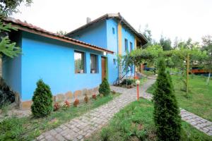a blue house with a pathway in front of it at Chuchi Guest House 1 in Zlatna Panega
