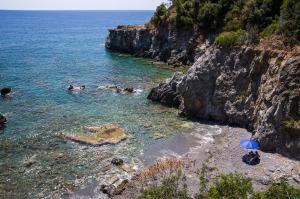 a beach with a blue umbrella and people in the water at Hotel Cala del Citro in Maratea