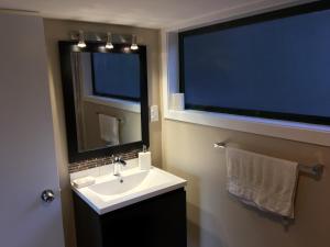 a bathroom with a sink and a mirror and a window at Beynon&Bolton’s Country Loft Escape in Katikati