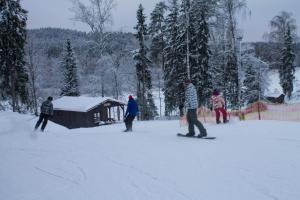 a group of people on snowboards in the snow at Kempings Ozolkalns in Cēsis