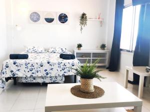 een slaapkamer met een bed en een tafel met een potplant bij OceanFront Flat I by Canary365 in Las Palmas de Gran Canaria