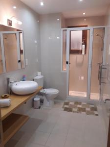 a bathroom with a shower and a sink and a toilet at No: 11A4S, Fort Chambray. in Mġarr