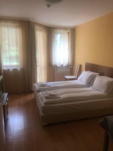 a bedroom with a large bed and two windows at Studios -Villa Park SV in Borovets