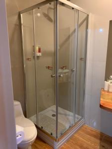 y baño con ducha de cristal y aseo. en Hostal Nuevo Amanecer en San Pedro de Atacama