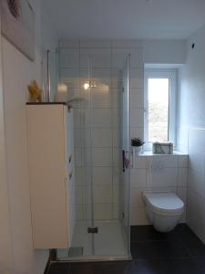 a bathroom with a toilet and a glass shower at Ferienwohnung Deifel in Schömberg