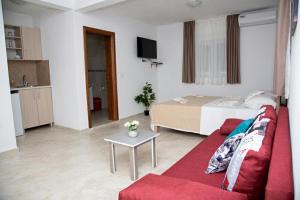 Apartments Nino Skadar lake في فيربازار: غرفة معيشة مع أريكة حمراء وسرير