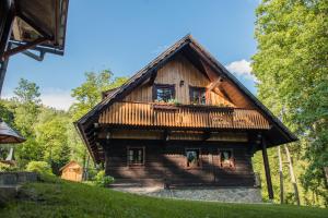 Cette maison en rondins est dotée d'un toit de chaume. dans l'établissement Počitniška hiša Koča Dobnik, à Lovrenc na Pohorju