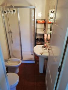un bagno con doccia, lavandino e WC di Casa das Laranjeiras e parque infantil a Villa Nogueira