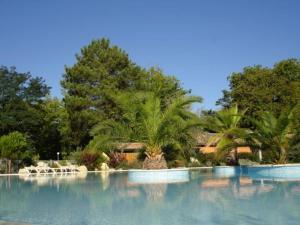 a swimming pool with palm trees and a house at Pyla Chalet et mobilhom 6 personnes Magda in La Teste-de-Buch