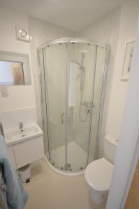 een badkamer met een douche, een toilet en een wastafel bij Lake Lodges in Chichester
