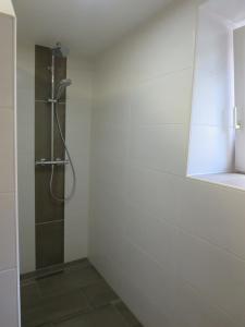 a bathroom with a shower with a glass door at Ferienwohnung Schloßberg in Pretzfeld