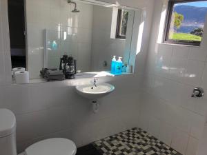 a white bathroom with a sink and a toilet at Shabach Farm in Hartebeest Rivier