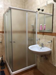 een douchecabine met een wastafel en een spiegel bij Vila Zlatarka Nova Varos in Nova Varoš +17 foto's