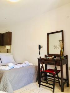 a bedroom with a desk and a bed with a mirror at Batistas Apartments in Naousa