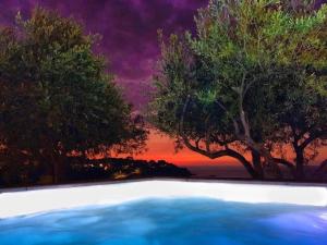 a pool with a tree and a sunset in the background at Ogliastro Sul Mare - Sleep and Dream in Cefal&ugrave;