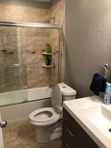a bathroom with a shower and a toilet and a sink at Downtown Contemporary yet Cozy Fun in San Antonio