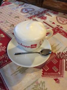 una tazza di caffè su un piattino con un cucchiaio di Agriturismo Randis a Piano dʼArta