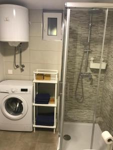 a bathroom with a shower and a washing machine at Studio apartman Park Galerija in Osijek