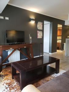 uma sala de estar com uma mesa de centro e uma televisão de ecrã plano em URBANA APARTMENTS 413 em San Carlos de Bariloche