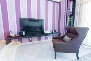 a living room with a television and a chair at Villa Estet Bağ Hotel in Kula