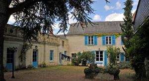 a large house with blue windows and a horse in the yard at The Secret Gem or The Hidden Gem or BOTH together in Montreuil-Bellay