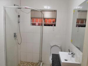a bathroom with a shower and a toilet and a sink at LEONE PARIS in Windhoek +13 photos