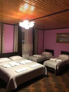 two beds in a room with purple walls and a chandelier at Пані Анна in Kamianets-Podilskyi