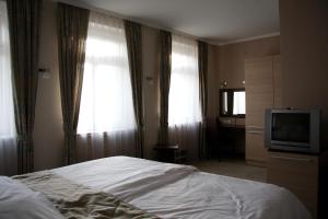 a hotel room with a bed and a television at Hotel Leotar in Trebinje