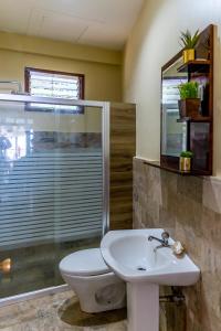 La salle de bains est pourvue de toilettes, d'un lavabo et d'une douche. dans l'établissement Casa dela Playa (House by the Beach), à Dipolog