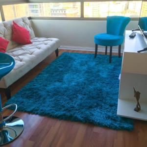 sala de estar con sofá y alfombra azul en Depto Metro Santa Ana (2 dormitorios), en Santiago