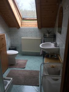 y baño con lavabo y aseo. en Cosy rooms on the lake near Budapest and the Airport, en Isaszeg