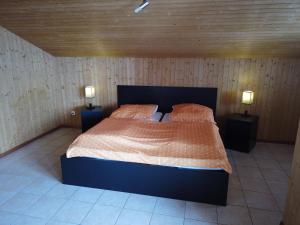 een slaapkamer met een bed met twee lampen op twee tafels bij Wenz Wohnung in Schwarzsee