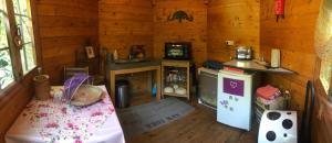 a room with a kitchen and a television in a cabin at Ecolodges en Provence in Saint-Maximin-la-Sainte-Baume