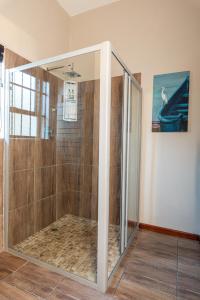 a shower with a glass door in a room at Amery House in Port Elizabeth