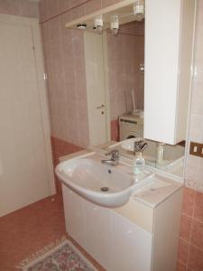 een badkamer met een witte wastafel en een spiegel bij Chalet Migazzi - mansarda in Cogolo +23 foto's