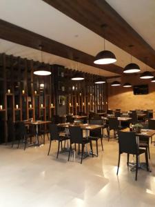 福莫萨Sofisticatto Park Hotel的有桌椅和灯的餐厅