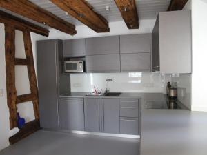 eine Küche mit Küchengeräten aus Edelstahl und Holzbalken in der Unterkunft Villa Arena in Geisingen