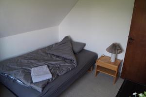 a small bed in a room with a lamp on a table at Kongebrogade 77 in Kolding