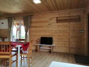 a living room with wooden walls and a television at Domek na Berechu Domek w Górach-Pieniny in Szlachtowa