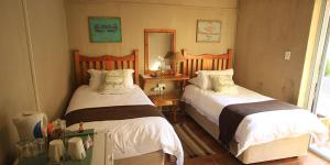 Un dormitorio con dos camas y un espejo. en La Rose Douglas Guesthouse No loadshedding, en Douglas