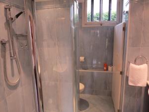 uma casa de banho com um chuveiro e uma porta de vidro em The Greyhound - Historic former Inn em Glemsford