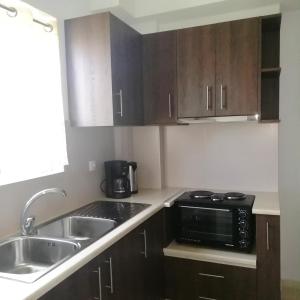 a small kitchen with a sink and a microwave at Hotel Thisvi in Stalís