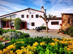 um jardim com flores amarelas em frente a uma casa em Casa rural exclusiva con 9 hab 16-25pax con piscina privada y BBQ cubierta em Riudarenes