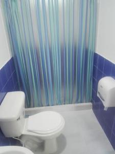 a bathroom with a toilet and a shower curtain at Bellavista Isla del Sol in Viviendas Hidroprado