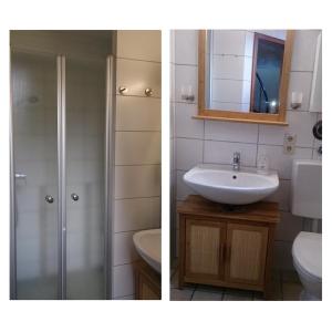 two pictures of a bathroom with a shower and a sink at Ferienwohnung Möwe in Stein