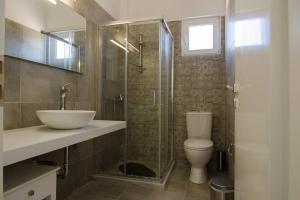 uma casa de banho com um chuveiro, um WC e um lavatório. em Giorgos villa em Palekastron
