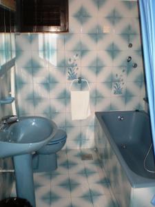 een badkamer met een blauwe wastafel en een toilet bij Apartments and Rooms Rogosic in Hvar