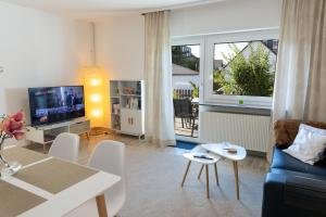 ein Wohnzimmer mit einem blauen Sofa und einem TV in der Unterkunft Ferienhaus Ko-Living in Koblenz